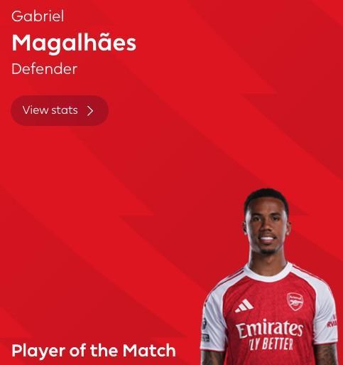 定海神针，加布里埃尔当选布莱顿vs阿森纳全场最佳球员